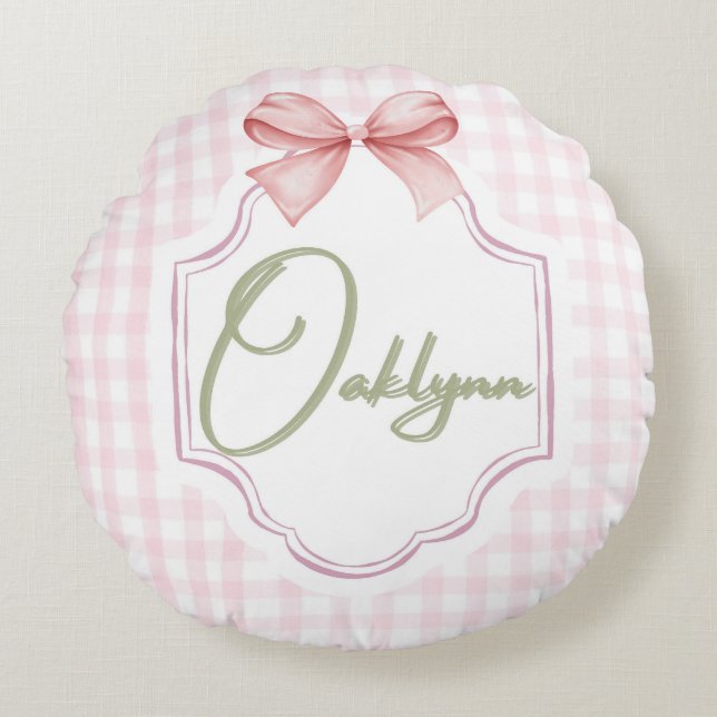 Personalized Oaklynn Baby Girl Nursery Bow&Gingham Round Pillow (Front)