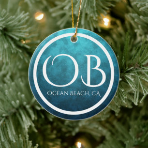 Personalized OB Ocean Beach, CA Blue Bkg Christmas Ceramic Ornament