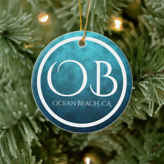Personalized OB Ocean Beach, CA Blue Bkg Christmas Ceramic Ornament (Tree)