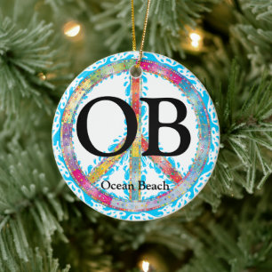 Personalized OB Ocean Beach California Peace Sign Ceramic Ornament