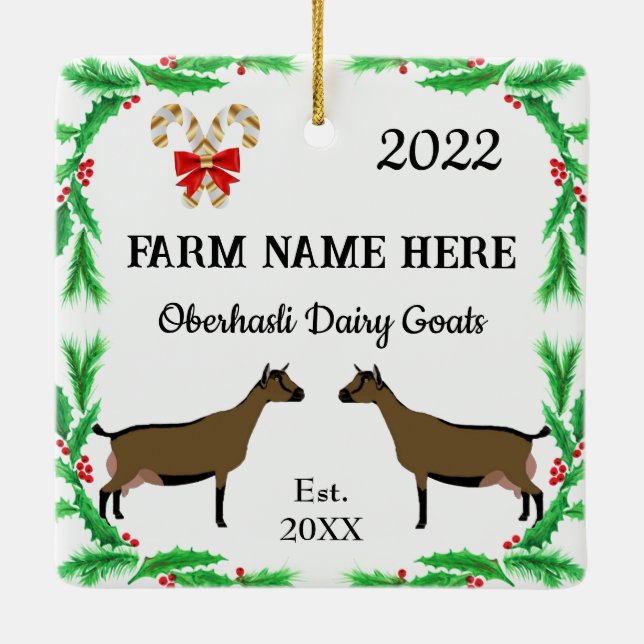 Personalized Oberhasli Dairy Goat Farm Christmas Ceramic Ornament (Back)