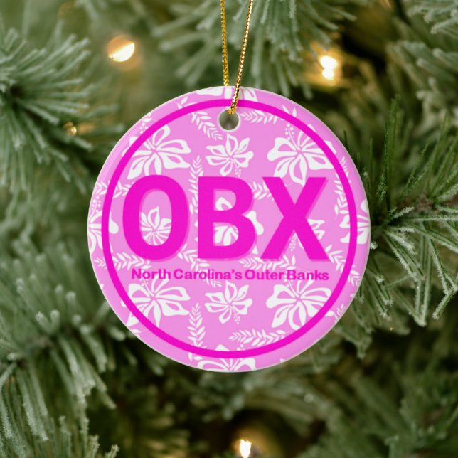 Personalized OBX Outer Banks Pink Flower Christmas Ceramic Ornament (Tree)