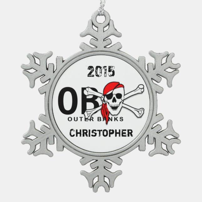 Personalized OBX Skull Crossbones Pirate Snowflake Pewter Christmas Ornament (Front)