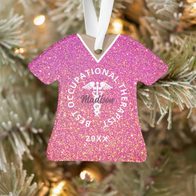 Personalized Occupational Therapist Pink Glitter Ornament (Tree)