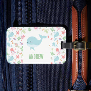 Personalized Ocean Animals Cute Whale Kids Pastel Luggage Tag