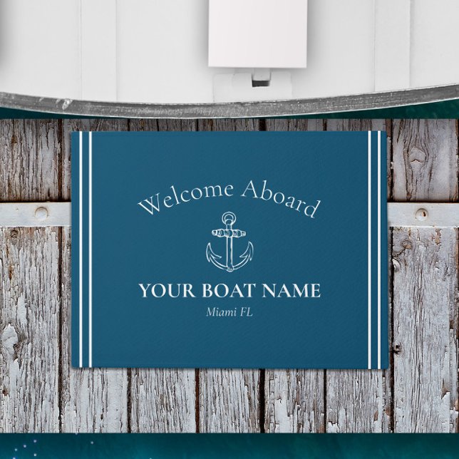 Personalized Ocean Blue Nautical Doormat 🌊⚓  (Welcome Aboard Nautical Welcome Mat Personalized with Your Boat Name and Home Port in Ocean Blue)