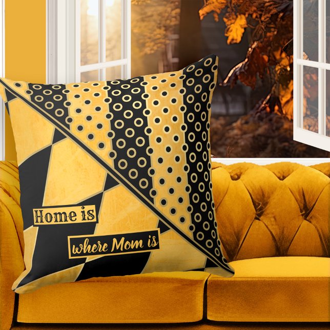 Personalized Ochre Black Geometric Pattern Pillow (A modern design pillow featuring a geometric pattern in ocher and black with a touch of gold)