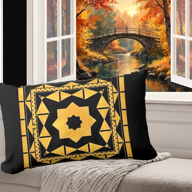 Personalized Ochre Black Pattern Pillow (Elegant pillow featuring an art deco inspired abstract design in black and ocher)