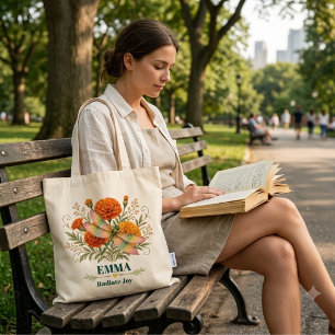 Personalized October Birth Flower Dragonfly Marigo Tote Bag