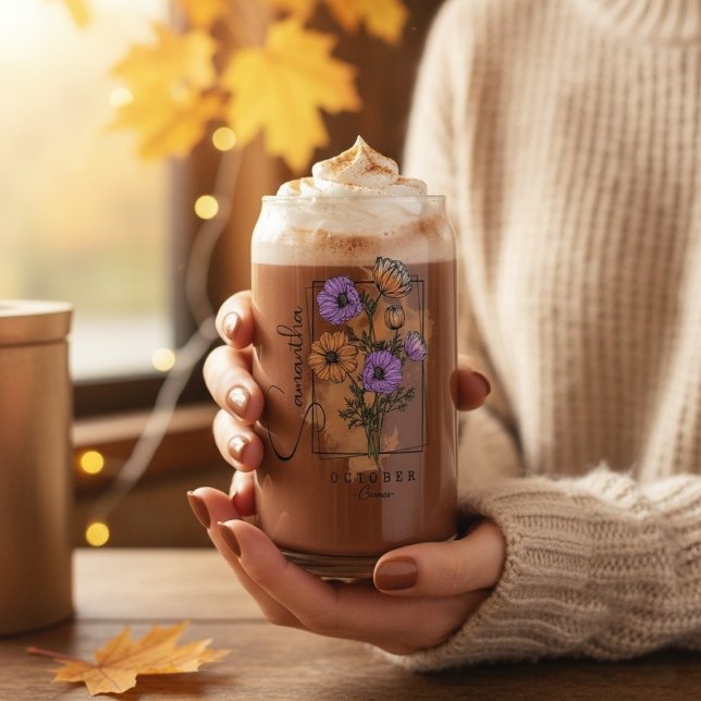 Personalized October Birth Flower With Name  Can Glass (Personalized October Birth Flower With Name Can Glass)