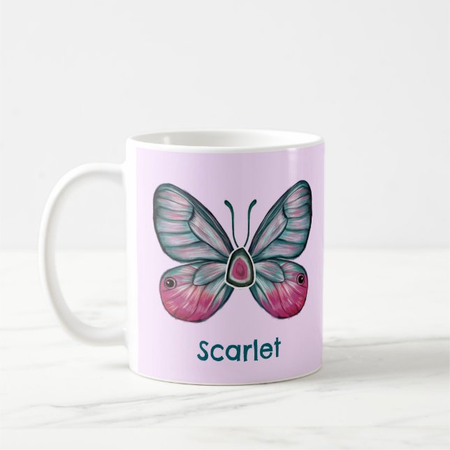 Personalized October Pink Glasswing Butterfly Art Coffee Mug (Left)