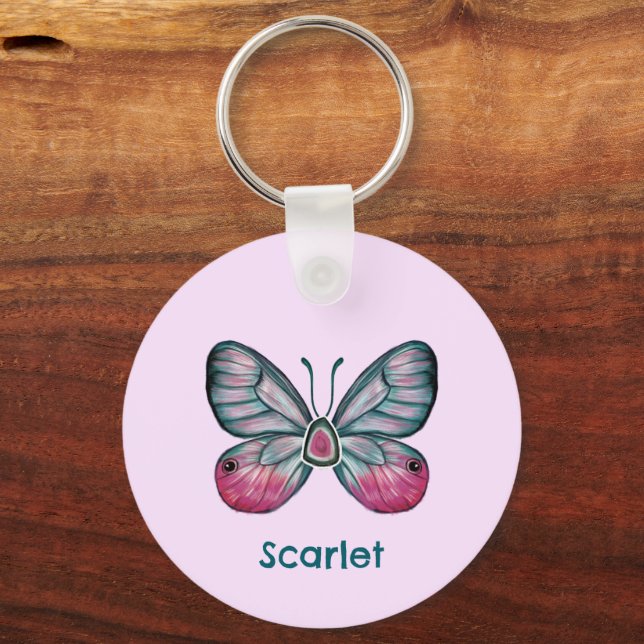 Personalized October Pink Glasswing Butterfly Art Keychain (Front)