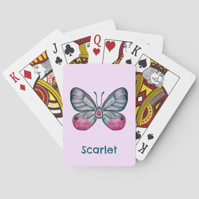 Personalized October Pink Glasswing Butterfly Art Playing Cards (Back)