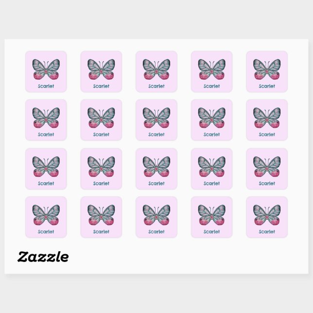 Personalized October Pink Glasswing Butterfly Art Square Sticker (Sheet)