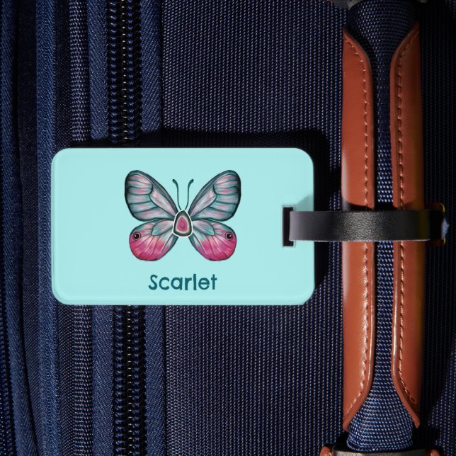 Personalized October Teal Glasswing Butterfly Art Luggage Tag (Back Insitu 2)