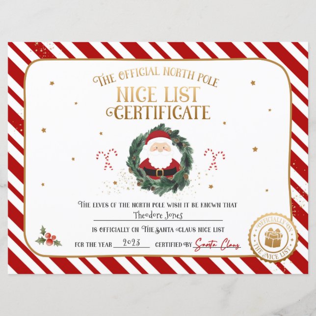 Personalized Official Nice List Certificate (Front)
