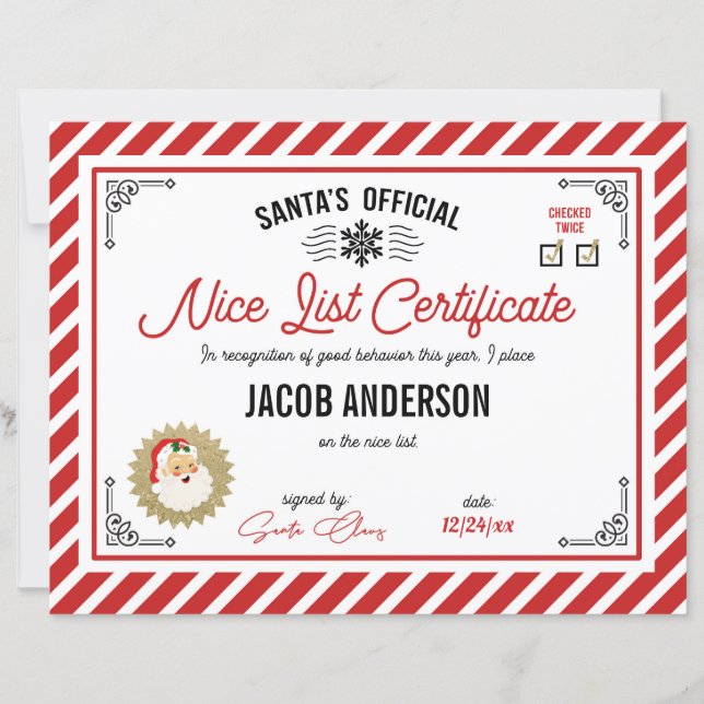 Personalized Official Santa Nice List Certificate (Front)