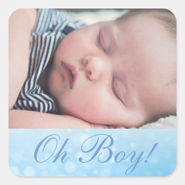 Personalized "OH Boy" Photo New Baby Announcement Square Sticker (Front)