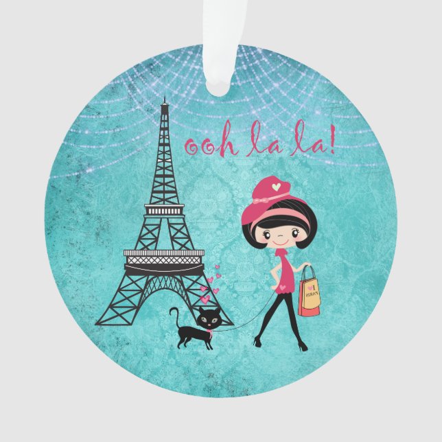 Personalized Oh La La Paris Girl and Cat Ornament (Front)