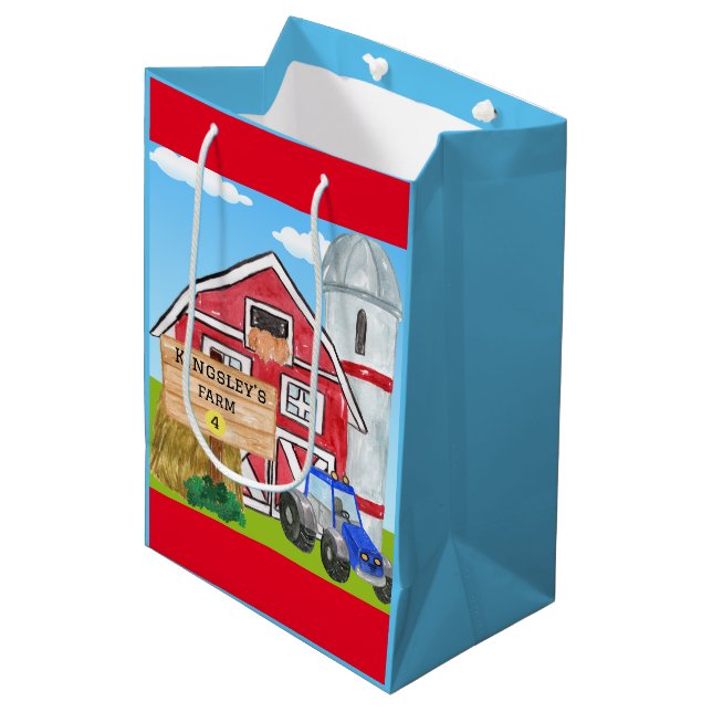 Personalized Old MacDonald's Farm Blue Tractor Medium Gift Bag (Front Angled)