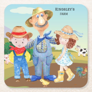 Personalized Old MacDonald's Farm Blue Tractor Square Paper Coaster