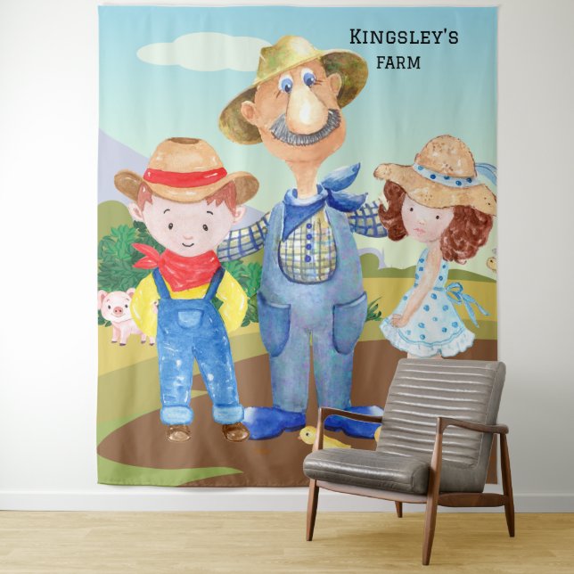 Personalized Old MacDonald's Farm Blue Tractor Tapestry (In Situ)