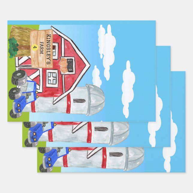 Personalized Old MacDonald's Farm Blue Tractor Wrapping Paper Sheet (Set)