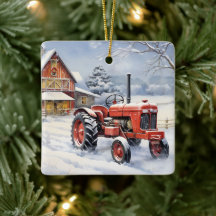 Personalized Old Red Tractor Winter Farm Christmas