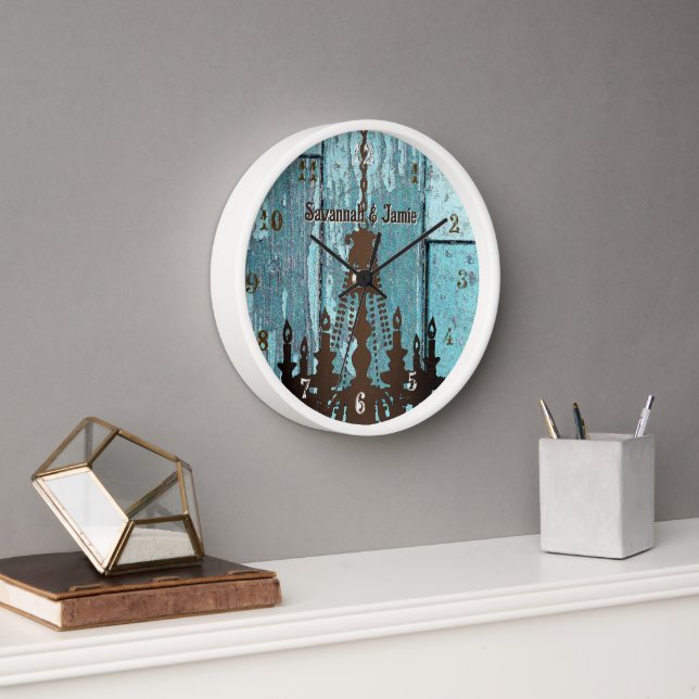 Personalized Old Rustic Aqua Wood Chandelier Wall Clock (Office)