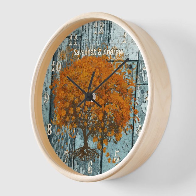 Personalized Old Rustic Aqua Wood Coral Tree Wall Clock (Angle)