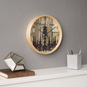 Personalized Old Rustic Wood Look Chandelier Wall Clock