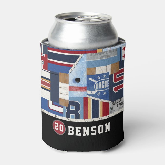 Personalized Old Time Ice Hockey Shirt Puck Can Cooler (Can Front)