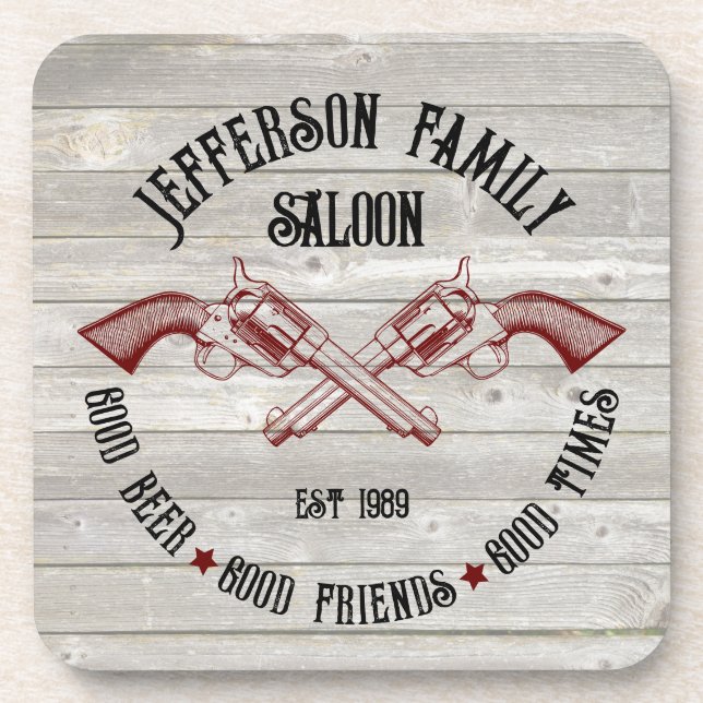 Personalized Old West Saloon Crossed Six Shooters Coaster (Front)