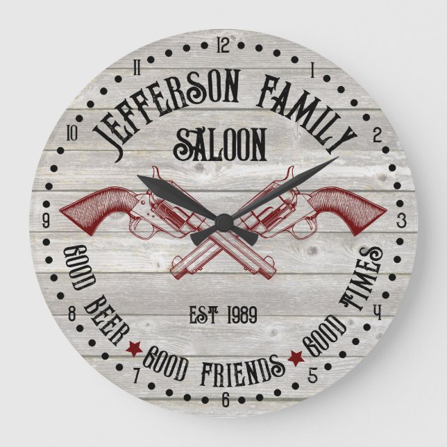 Personalized Old West Saloon Crossed Six Shooters Large Clock (Front)