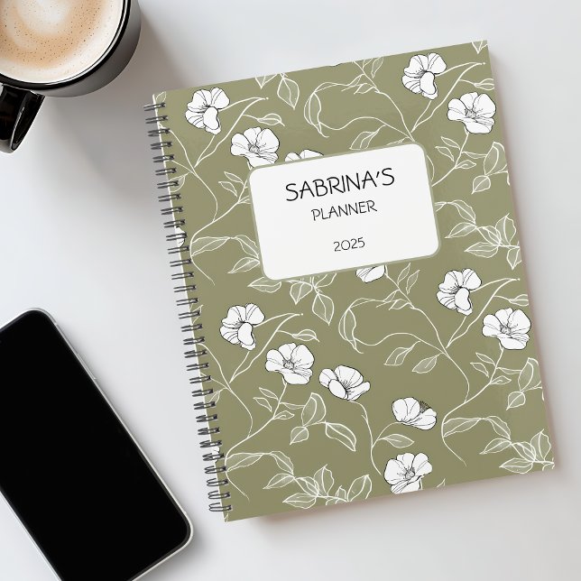 Personalized Olive Green Floral Minimalist Undated Planner (Personalized Floral White Name Olive Green Minimalist Undated Planner)