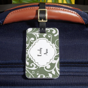Personalized Olive Green White Flourish Luggage Tag