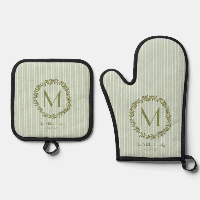 Personalized Olive Wreath Monogram  Oven Mitt & Pot Holder Set (Front)