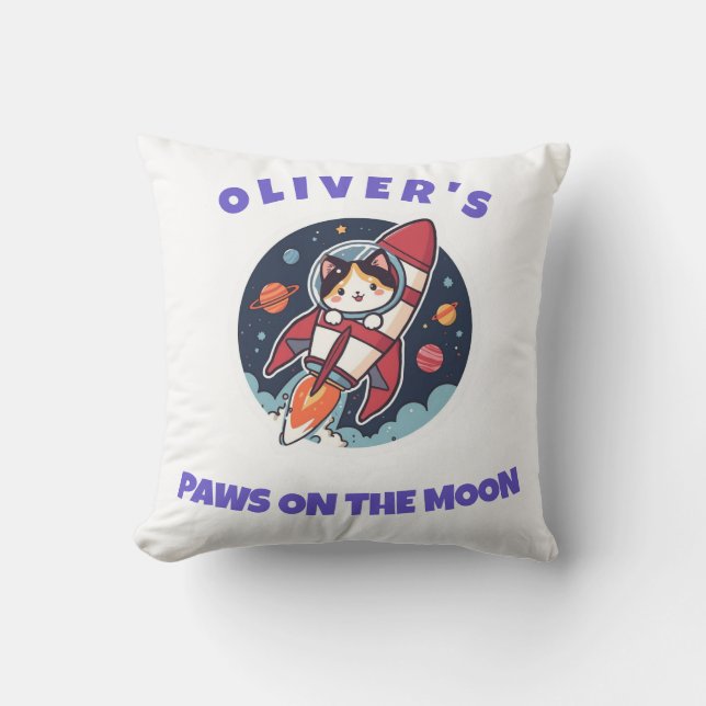 Personalized Oliver's Rocket Cat Throw Pillow (Front)