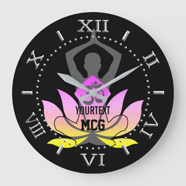 Personalized OM Namaste Lotus Flower Yoga Pose Large Clock (Front)