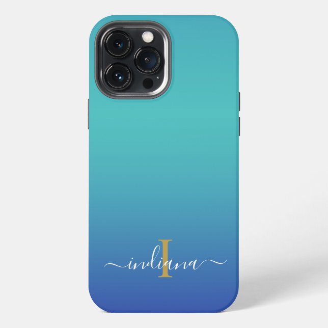 Personalized Ombre Monogram Blue Turquoise Script iPhone Case (Back)