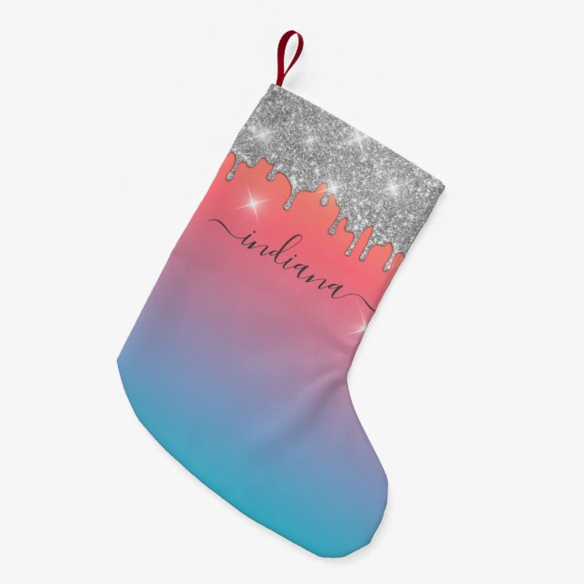 Personalized Ombre Monogram Silver Glitter Holiday Small Christmas Stocking (Front (Hanging))