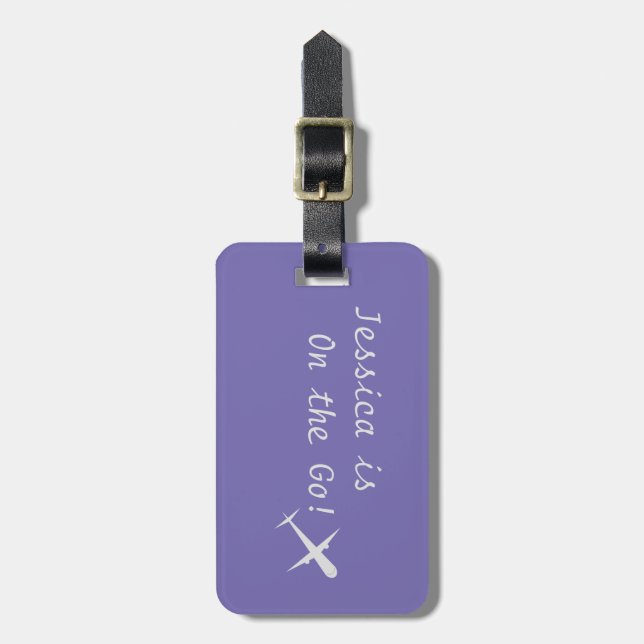 Personalized "On the Go" Airplane, Periwinkle Luggage Tag (Front Vertical)