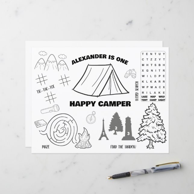 Personalized One Happy Camper Colouring Placemat (Front/Back In Situ)