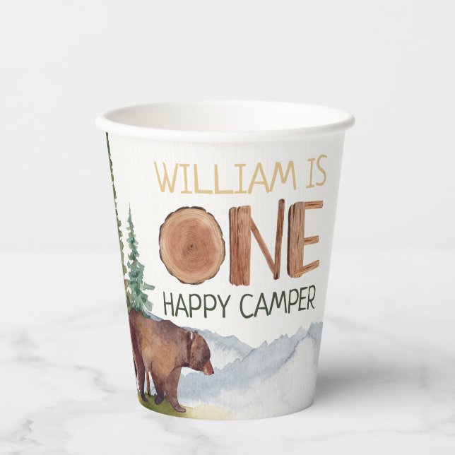 Personalized One Happy Camper Woodland Bear Paper Cups (Front)