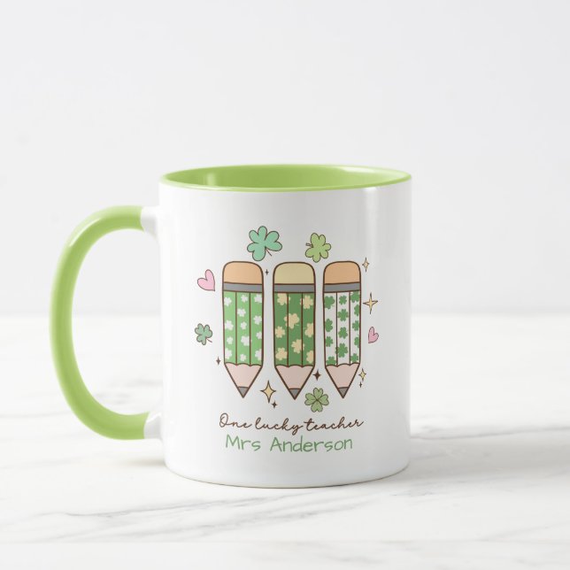 Personalized One Lucky Teacher Retro Pencil Mug (Left)