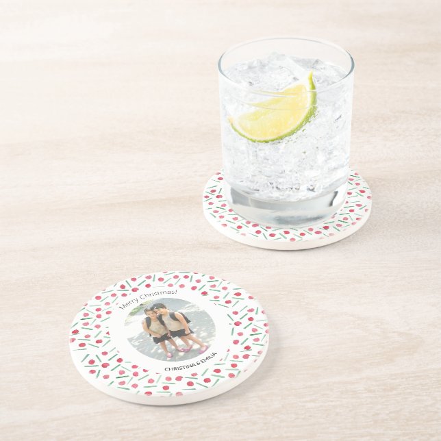 Personalized One Photo Modern Boho Candy Cane Coaster (Side)