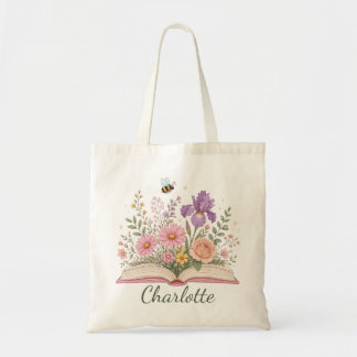 Personalized Open Book Blooming Flower Garden Tote Bag
