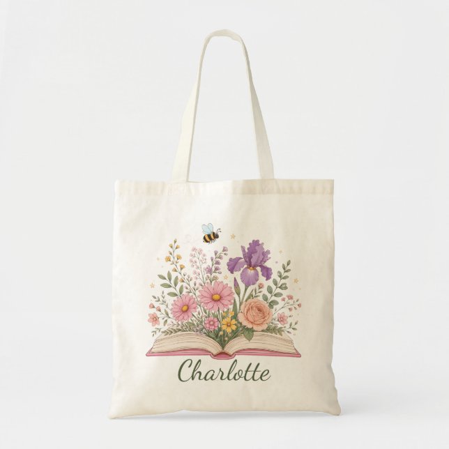 Personalized Open Book Blooming Flower Garden Tote Bag (Front)