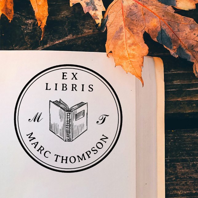Personalized Open Book Classic Monogram Library Rubber Stamp (Creator Uploaded)