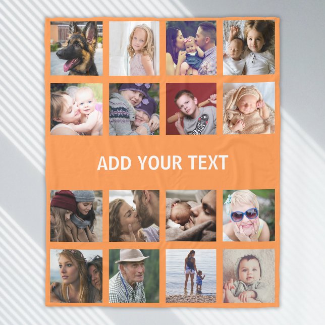 Personalized Orange 16 Photo Collage Fleece Blanket (Creator Uploaded)